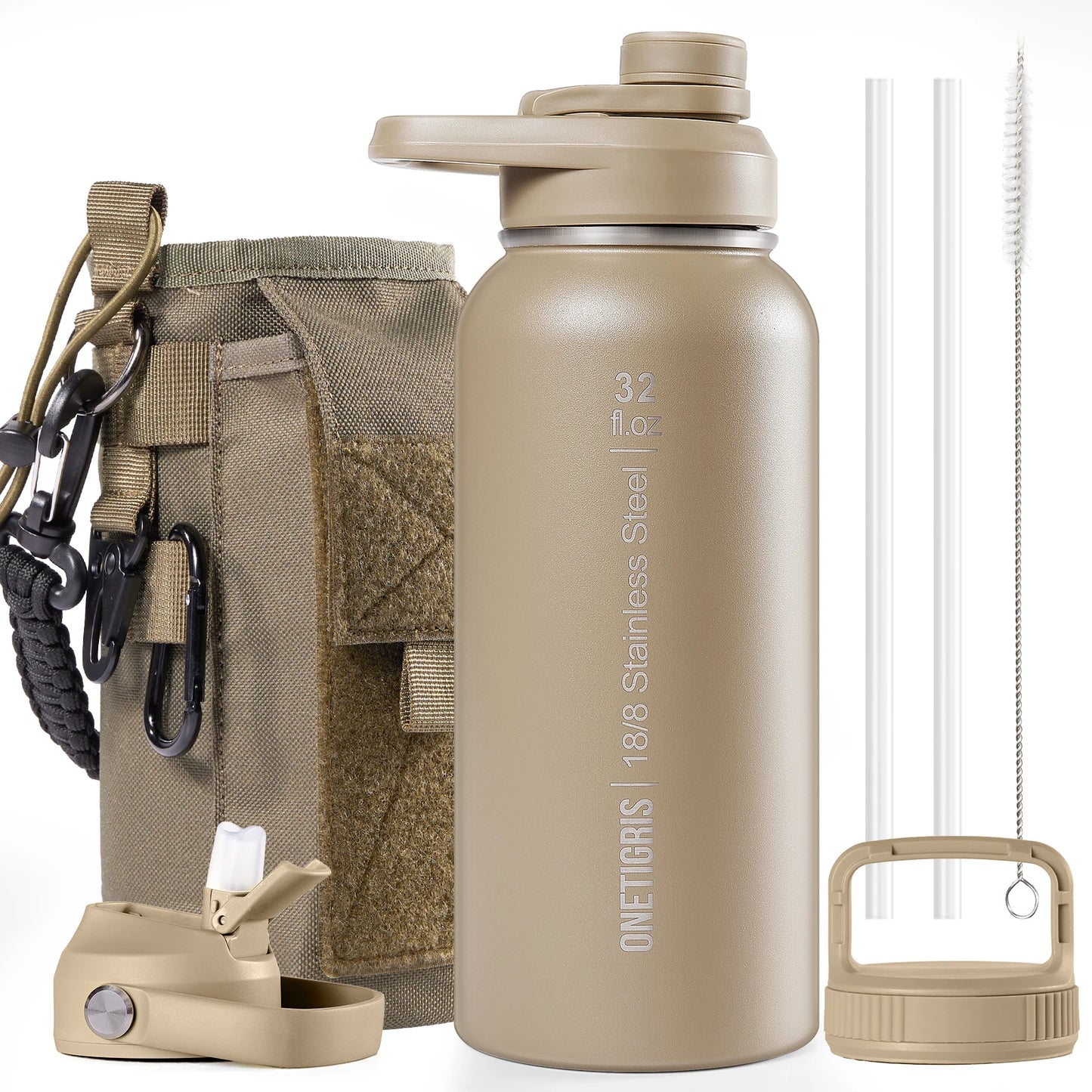 ONETIGRIS 32oz Insulated Water Bottle with Straw, 3 Lids, Sleeve, Leakproof Stainless Steel Thermos for Travel, Hiking, Gym