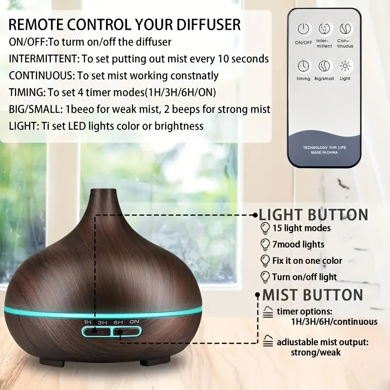 NEW Diffuser For Home 6 Oil Set,550ml Essential Oil Diffuser with Remote Control Ultrasonic Humidifier 7 Color LED Light