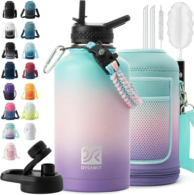 64 oz Insulated Water Bottle Thickened Stainless Steel Vacuum Design, BPA-Free, Large Jug with Straw, Carrier Bag & Handle Strap