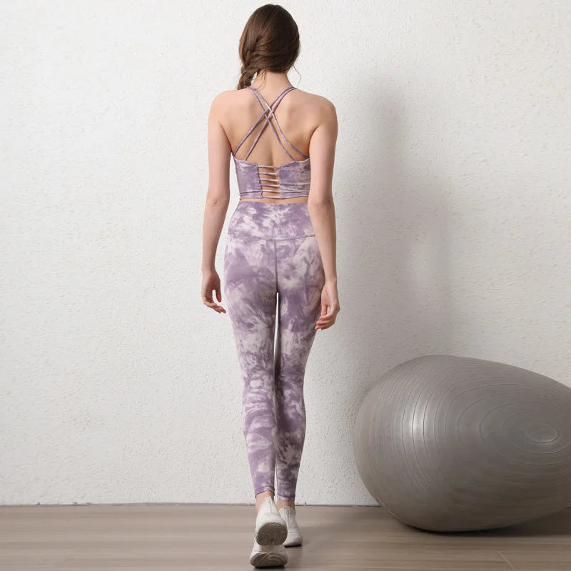 Women's High-Waist Hip-Lifting Seamless Yoga Sets Tie-Dye Sports Fitness Workout Gym Leggings with Beauty Back Bra Suits,/;oip