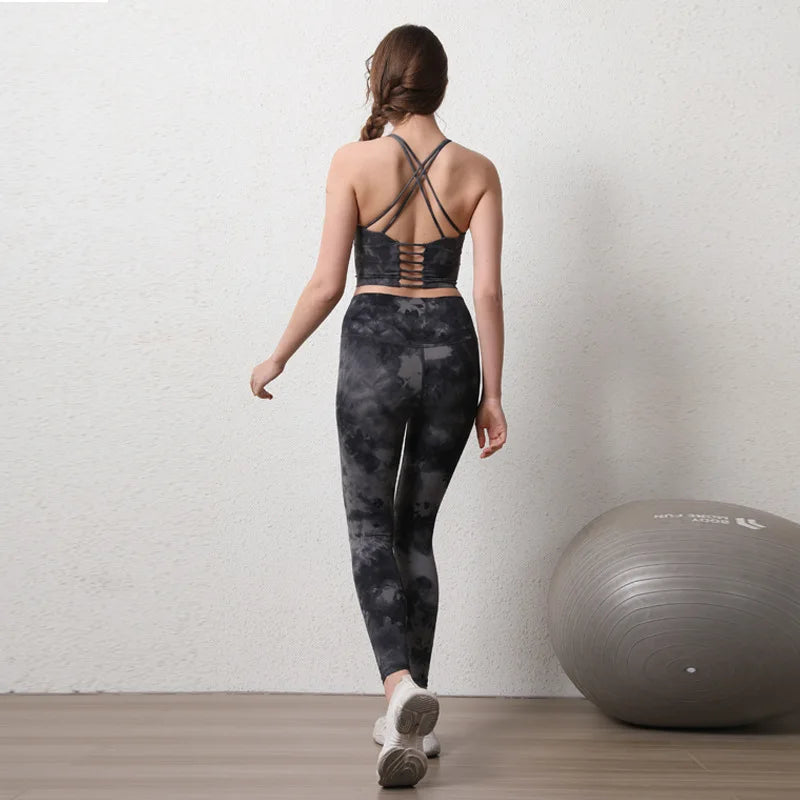 Women's High-Waist Hip-Lifting Seamless Yoga Sets Tie-Dye Sports Fitness Workout Gym Leggings with Beauty Back Bra Suits,/;oip