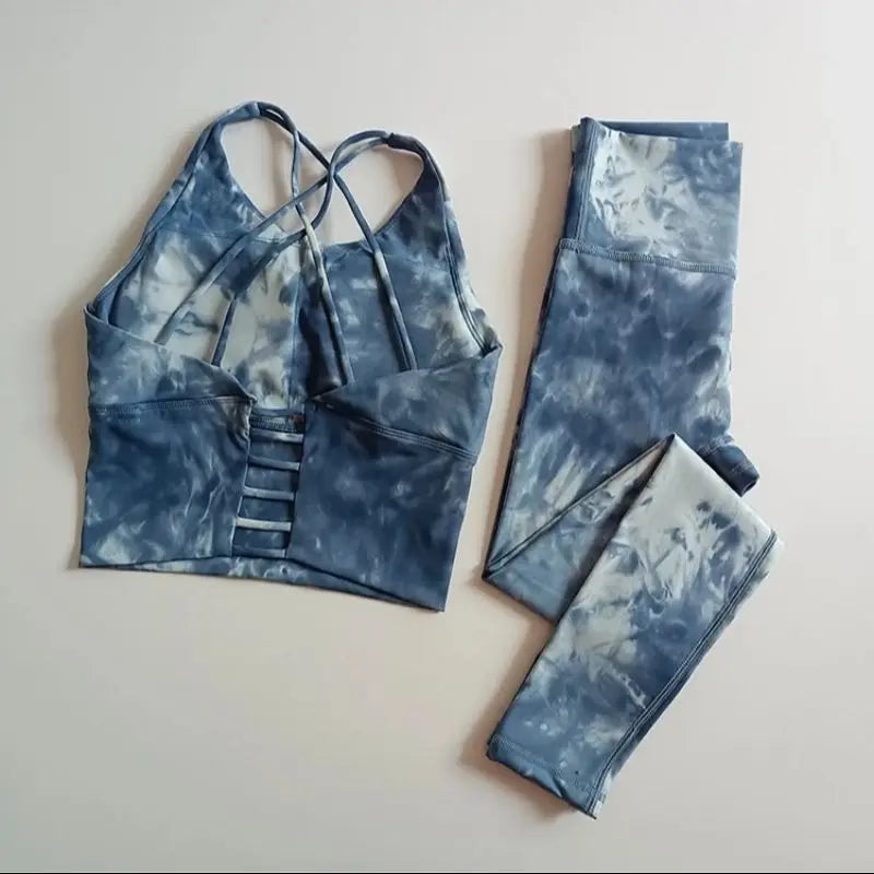 Women's High-Waist Hip-Lifting Seamless Yoga Sets Tie-Dye Sports Fitness Workout Gym Leggings with Beauty Back Bra Suits,/;oip