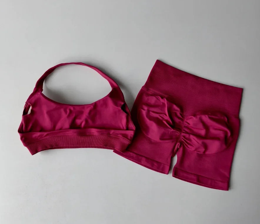2PCs Peach High Waist Belly Hip Lifting Sports Bras Shorts Suit Gathering Shock-proof Neck Halter Yoga Suit Running Fitness Set