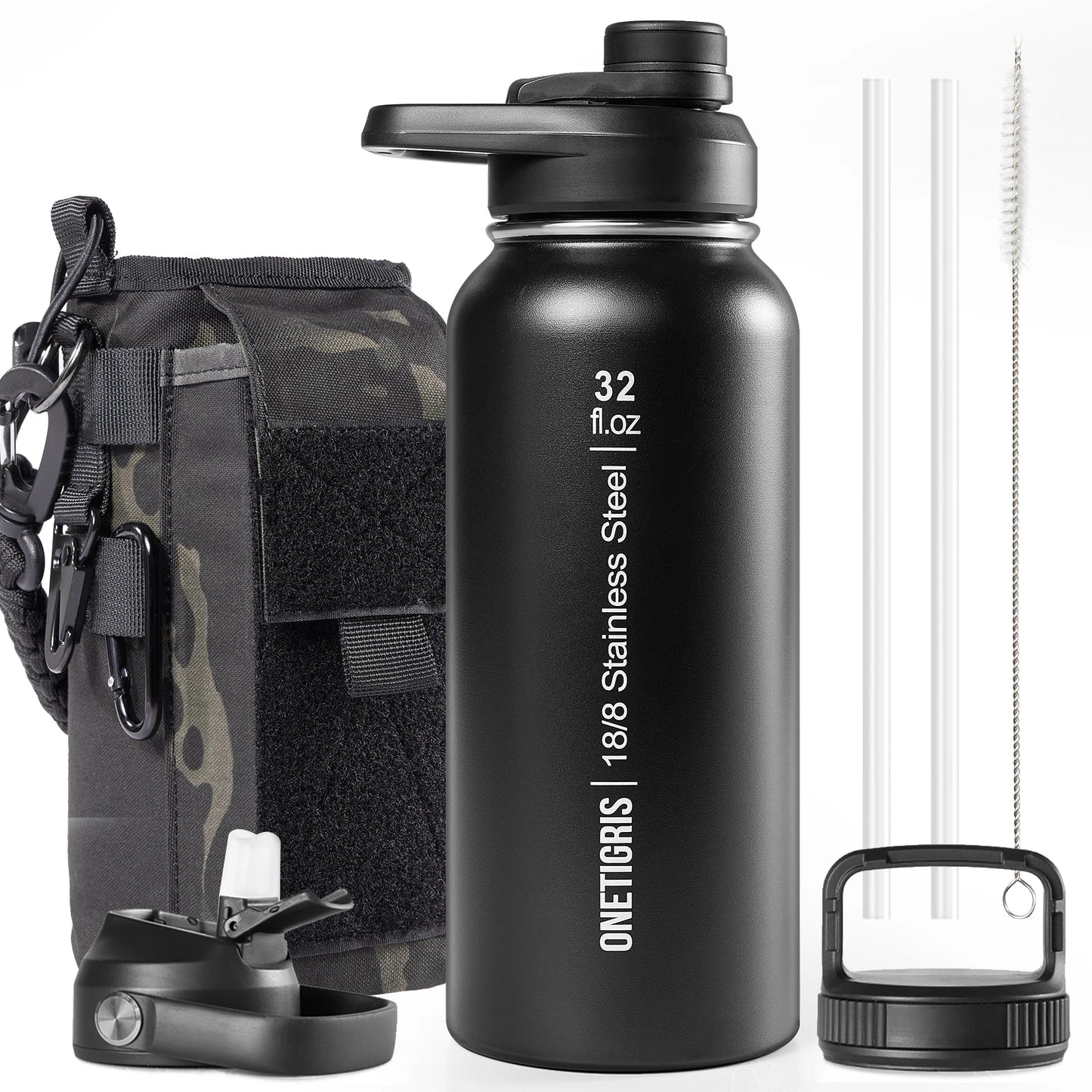 ONETIGRIS 32oz Insulated Water Bottle with Straw, 3 Lids, Sleeve, Leakproof Stainless Steel Thermos for Travel, Hiking, Gym