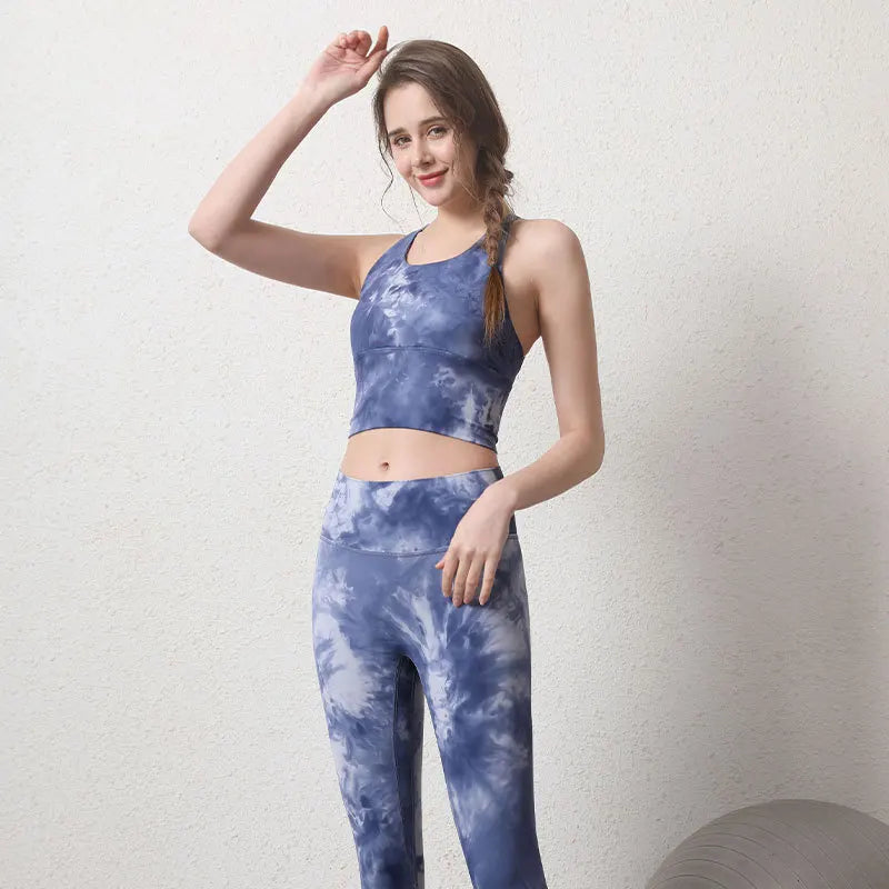 Women's High-Waist Hip-Lifting Seamless Yoga Sets Tie-Dye Sports Fitness Workout Gym Leggings with Beauty Back Bra Suits,/;oip