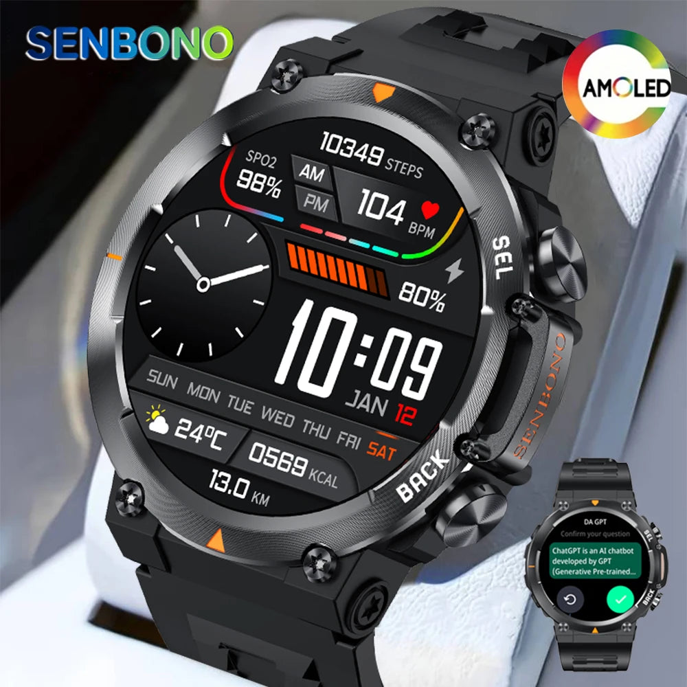 SENBONO MAX18 Smart Watch for Men AMOLED Screen AI GPT Bluetooth Call 410mAh Big Battery Fitness Tracker Men' Sport Smartwatch