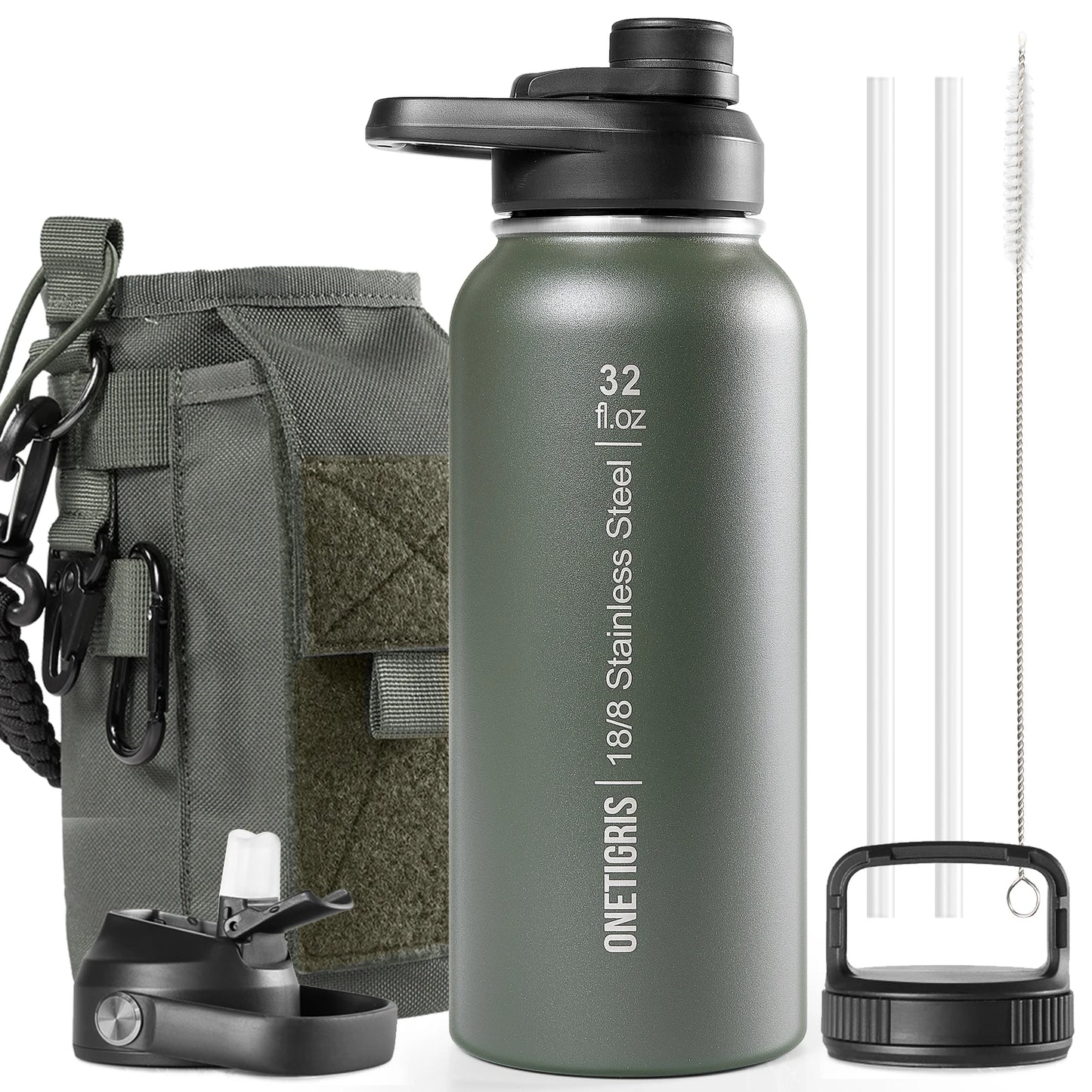 ONETIGRIS 32oz Insulated Water Bottle with Straw, 3 Lids, Sleeve, Leakproof Stainless Steel Thermos for Travel, Hiking, Gym