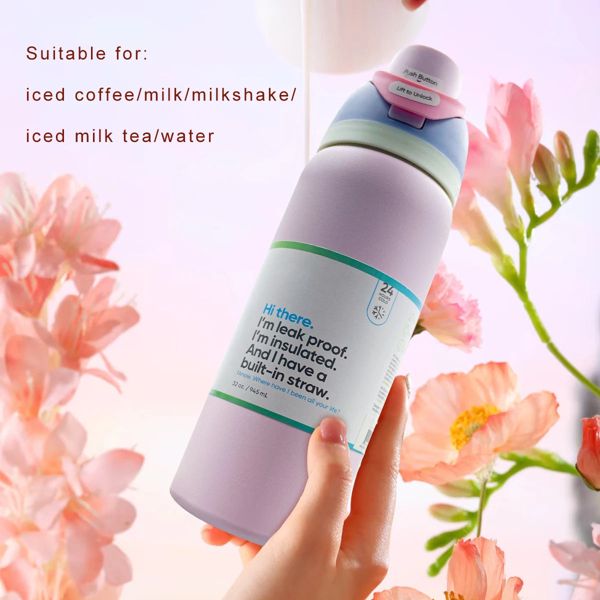 Owalaa pink Water bottle 32oz,945ML,with straw,FreeSip,heat preservation time more than 24 hours,cold and hot water can be