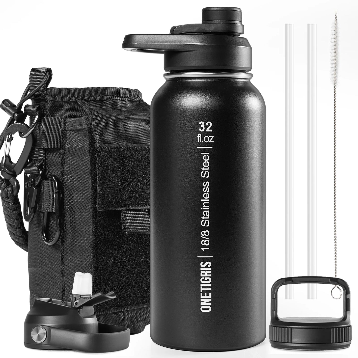 ONETIGRIS 32oz Insulated Water Bottle with Straw, 3 Lids, Sleeve, Leakproof Stainless Steel Thermos for Travel, Hiking, Gym