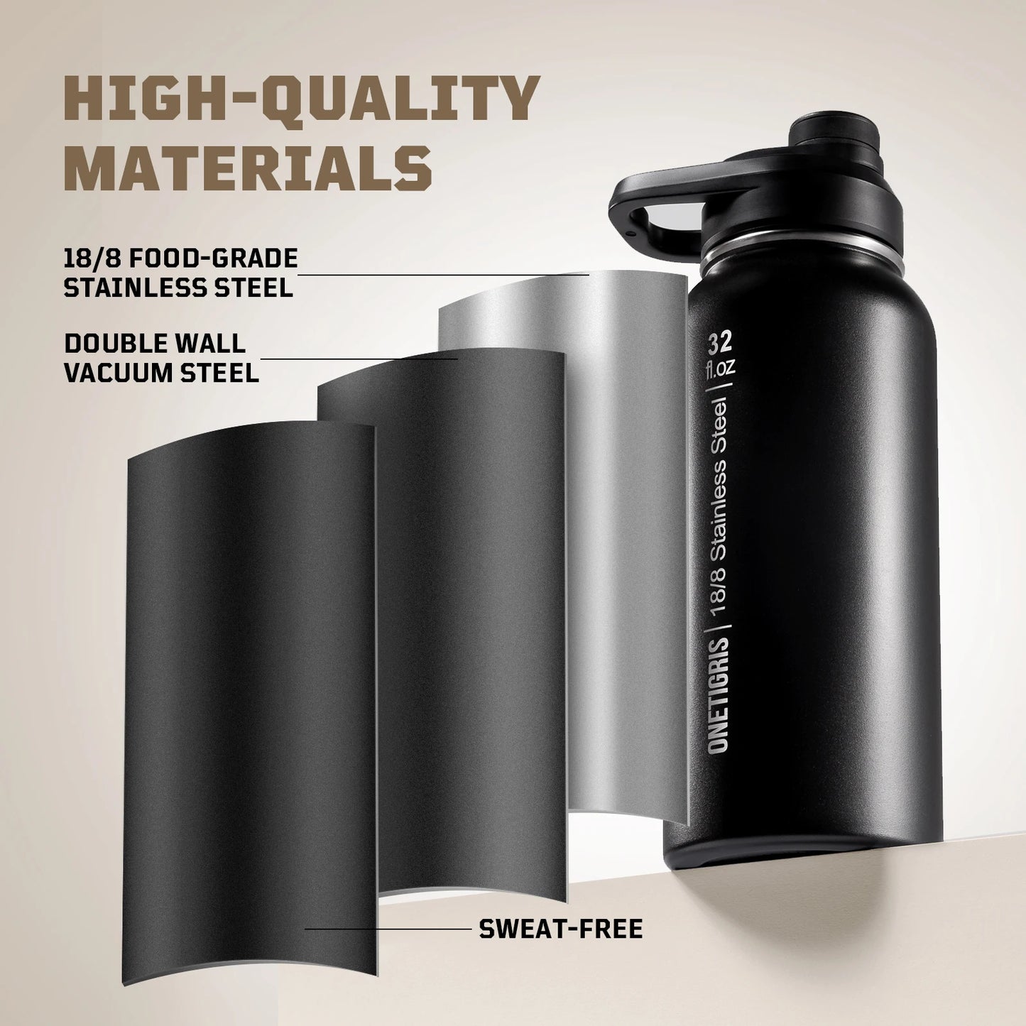 ONETIGRIS 32oz Insulated Water Bottle with Straw, 3 Lids, Sleeve, Leakproof Stainless Steel Thermos for Travel, Hiking, Gym