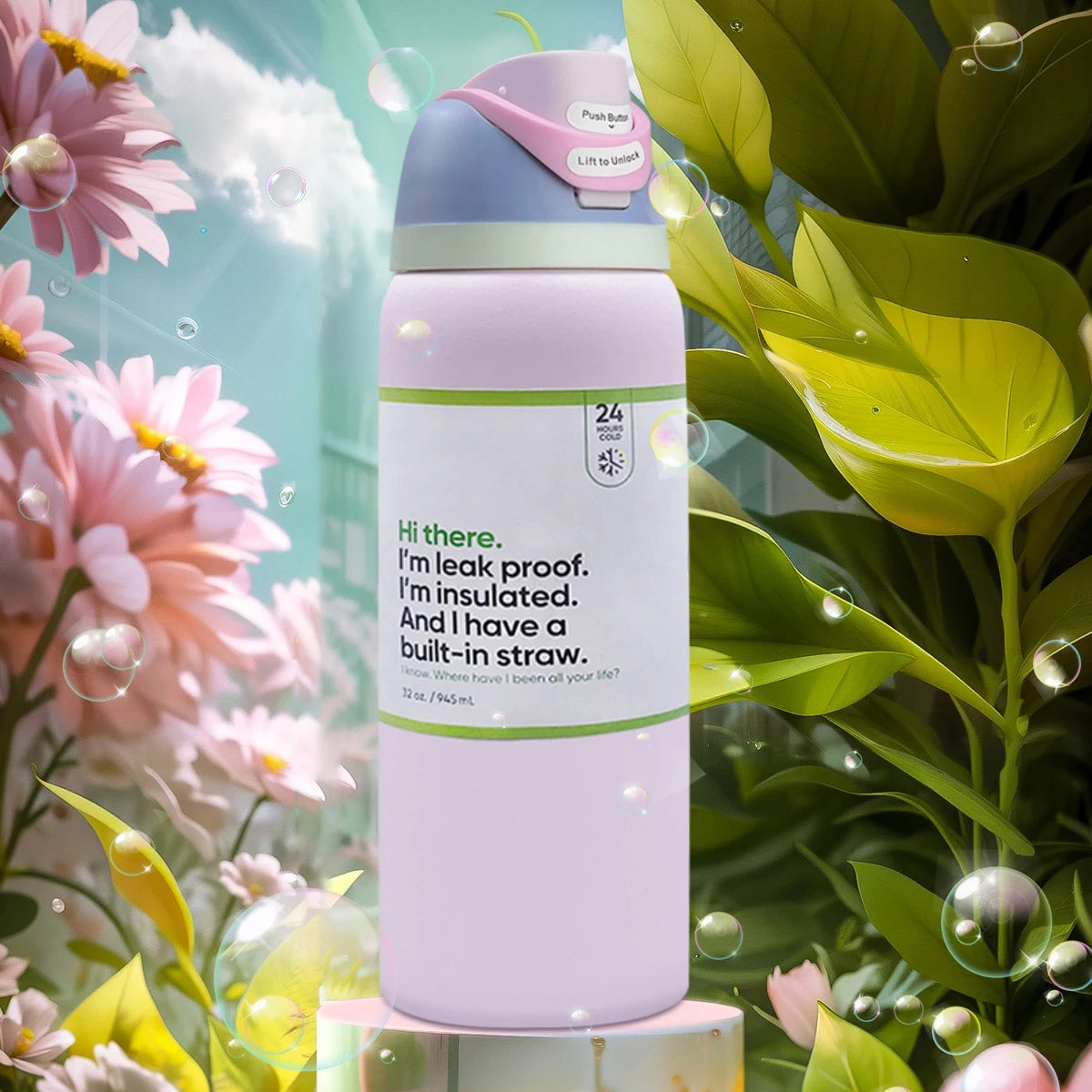 Owalaa pink Water bottle 32oz,945ML,with straw,FreeSip,heat preservation time more than 24 hours,cold and hot water can be