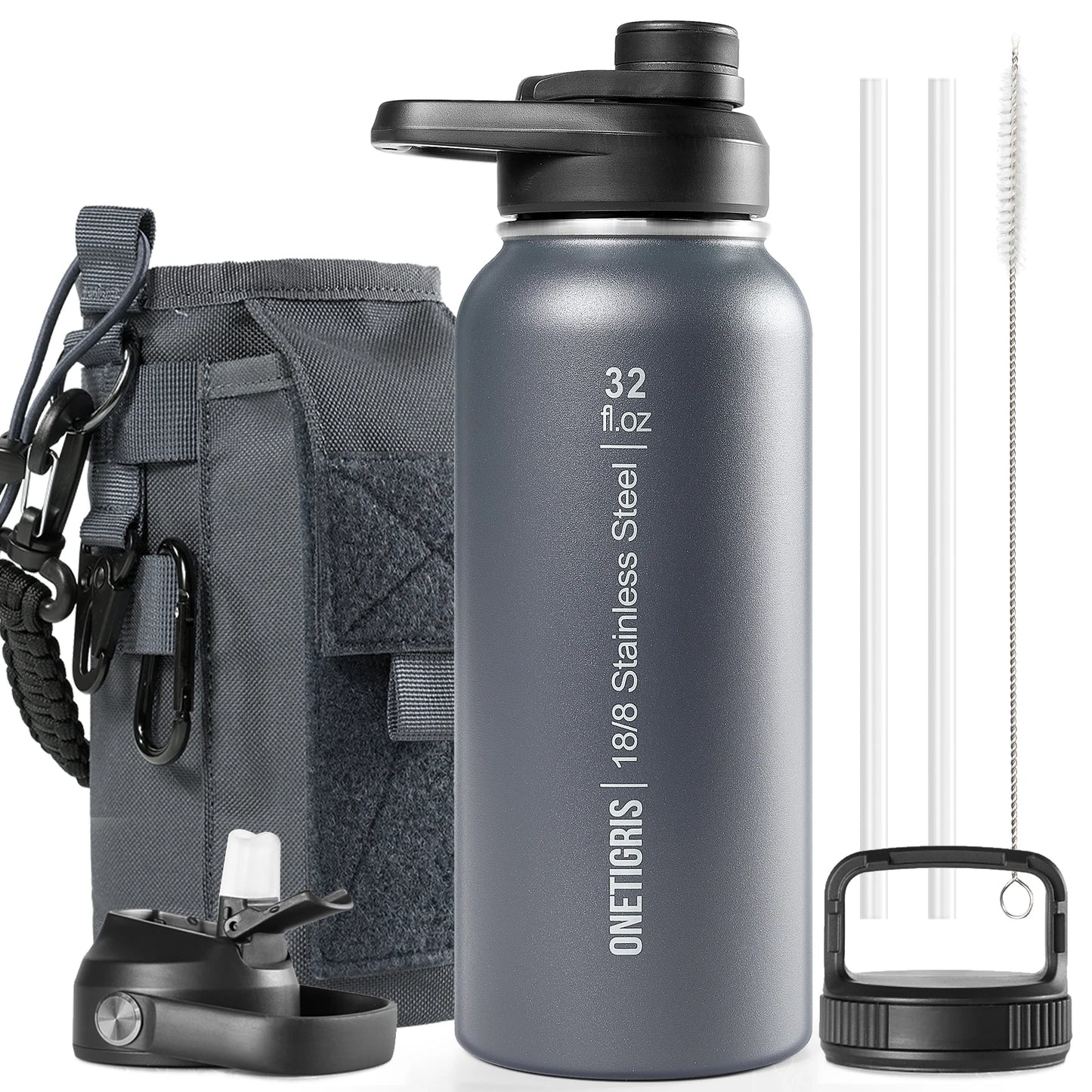 ONETIGRIS 32oz Insulated Water Bottle with Straw, 3 Lids, Sleeve, Leakproof Stainless Steel Thermos for Travel, Hiking, Gym