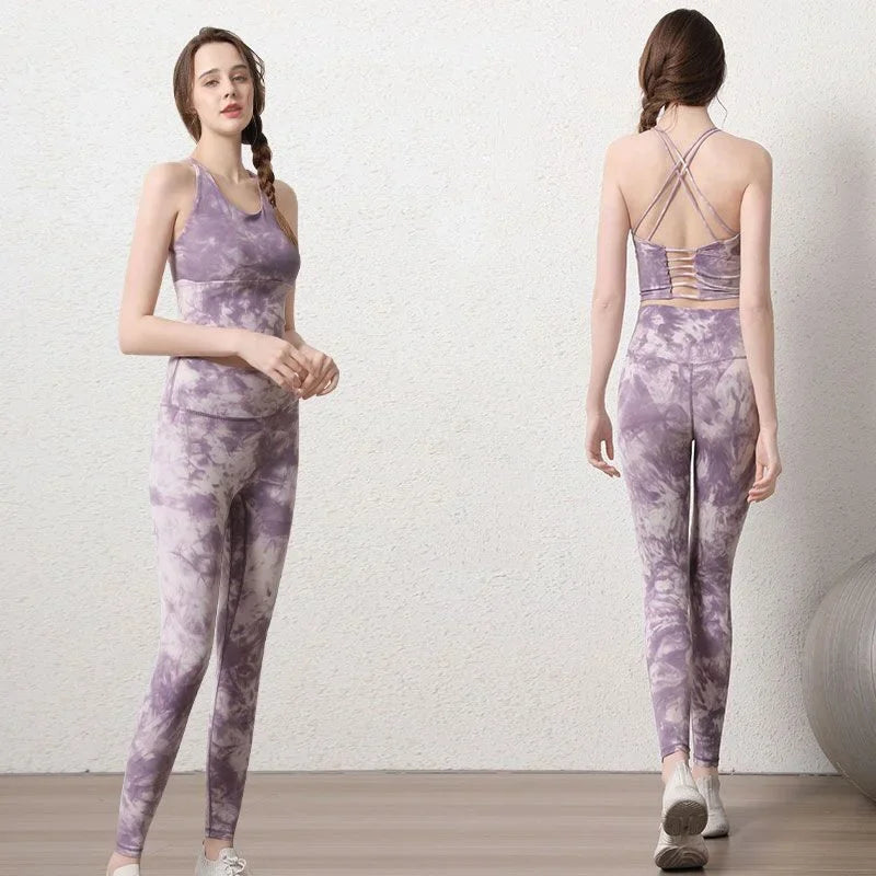 Women's High-Waist Hip-Lifting Seamless Yoga Sets Tie-Dye Sports Fitness Workout Gym Leggings with Beauty Back Bra Suits,/;oip