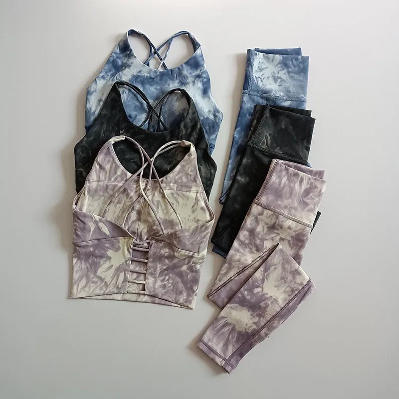 Women's High-Waist Hip-Lifting Seamless Yoga Sets Tie-Dye Sports Fitness Workout Gym Leggings with Beauty Back Bra Suits,/;oip