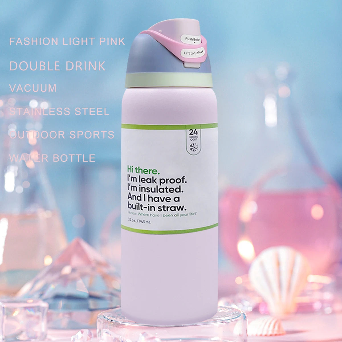 Owalaa pink Water bottle 32oz,945ML,with straw,FreeSip,heat preservation time more than 24 hours,cold and hot water can be